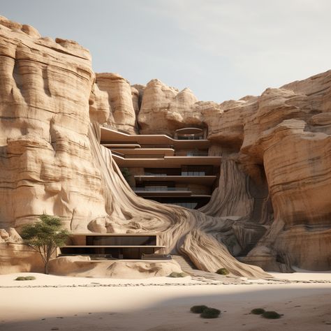 House Carved Into Mountain, Desert Architecture Design, Desert Architecture Concept, Mountain Architecture Concept, Mountain House Aesthetic, Carved Architecture, Hillside Architecture, Rock Architecture, Mountain Resort Architecture