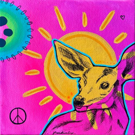 Mixed media piece with pink background and a yellow sun painted on it. Young deer drawn on top of the sun with pen. In the top right corner is a blue/green arch and in the bottom left corner is a peace sign also drawn in pen. Acrylic Pen Art, Uncomfortable Art, Funky Paintings, Pen On Canvas, Inspiration Sketchbook, Art Vibe, Kitsch Art, Art Funky, Panel Painting