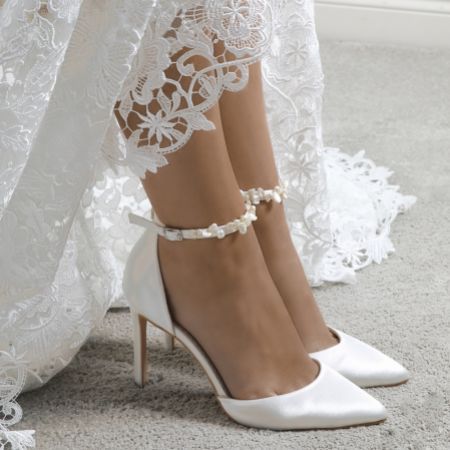 Comfortable Bridal Shoes, Dorsay Heels, Satin Wedding Shoes, Beautiful Wedding Shoes, Ivory Pumps, Perfect Wedding Shoes, Wedding Shoes Bride, Embellished Heels, Bridal Heels