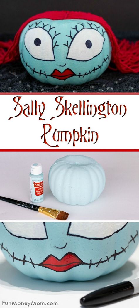 Sally Skellington Pumpkin - This no carve pumpkin is perfect for those who love decorating pumpkins without the mess and fans of The Nightmare Before Christmas will have a blast making this Halloween craft (and get the Jack Skellington tutorial too!) #halloween #halloweencraft #nocarvepumpkin #halloweenpumpkin #pumpkindecorating #sallyskellingtonpumpkin Alice In Wonderland Painted Pumpkins, Sally And Jack Pumpkin Painting, Jack Skellington Crafts For Kids, Sally Pumpkin Painting Ideas, Nightmare Before Christmas Pumpkin Ideas, Sally Skellington Pumpkin, Jack And Sally Pumpkin Painting, Nightmare Before Christmas Pumpkin Paint, Sally Nightmare Before Christmas Pumpkin