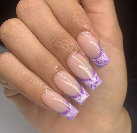 Water Marble Nails Designs, French Tip Purple, Marble French Tip Nails, Marble French Tip, Purple French Tip Nails, Purple French Tip, Purple Ombre Nails, Purple French, Purple Acrylic Nails