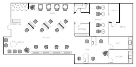 I think this design is interesting. I like the way the tables are set up. Although, since this is going to be a nail salon, the hair dryers could be the nail drying station, the chairs in the middle could be for manicures and the room in the back where the shampooing is could be where the pedicures take place. Salon Floor Plan, Salon Layout, Botanical Interior, Dream Salon, Hairdresser Salon, Hair Salon Design, Hair And Nail Salon, Hair Salon Interior, Nail Salon Design