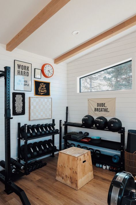 Our New Home Gym (separate building in backyard) - Nesting With Grace Home Fitness Room Ideas Gym Design, Home Gym Laundry Room Combo, Minimalist Workout Room, Mid Century Modern Home Gym, Pretty Workout Room, Garage Turned Into Gym, Basement Gym Aesthetic, How To Build A Home Gym, Basement With Workout Area