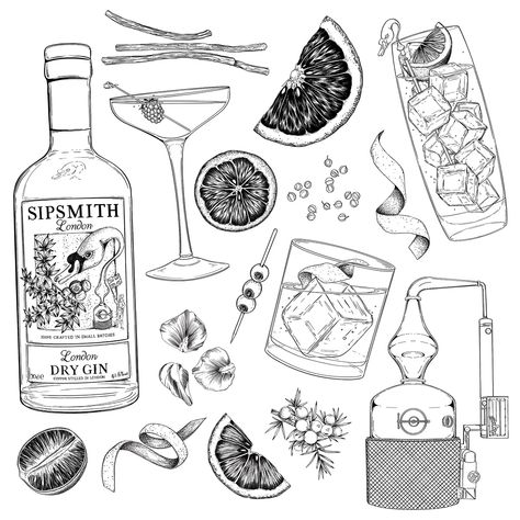 Sipsmith Gin Cocktail Book on Behance Gin Botanicals Illustration, Jameson Bottle Tattoo, Gin Bottle Illustration, Gin Bottle Tattoo, Negroni Tattoo Ideas, Gin Tattoo Ideas, Old Fashioned Cocktail Tattoo, Gin Tonic Tattoo, Cocktails Tattoo