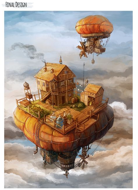 Floating Island of the Potion Brewer WIP - Polycount Forum Steampunk Flying City, Steampunk Island, Ville Steampunk, Flying Island, Fantasy Buildings, Steampunk City, Floating Islands, Steampunk Airship, Steampunk Fantasy