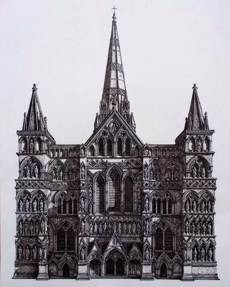 Pen drawing of Salisbury Cathedral western Facade Gothic Architecture Drawing, Salisbury Cathedral, Building Sketch, Cathedral Architecture, Gothic Cathedral, Architecture Design Sketch, European Architecture, Architecture Magazines, Sketch Inspiration