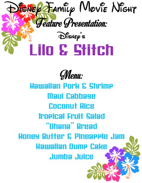 Lilo And Stitch Dinner, Lilo And Stitch Movie Night, Disney Movie Night Menu, Disney Themed Movie Night, Disney Movie Night Food, Disney Themed Food, Disney Movie Night Dinner, Lilo And Stitch Movie, Disney Menus