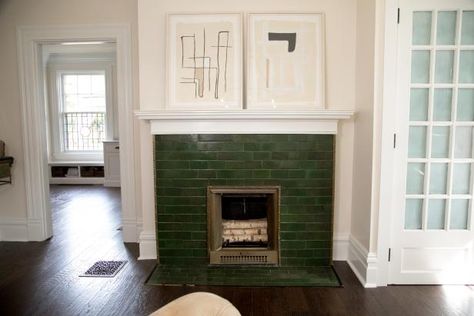 As seen on HGTV's Restored by the Fords, this mudroom features its original fireplace. Green Tile Fireplace, Restored By The Fords, Green Fireplace, Tiled Fireplace, Fireplace Redo, Ford Interior, Tile Fireplace, White Fireplace, Custom Fireplace