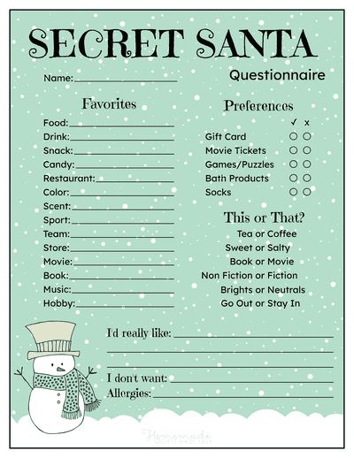 Secret Santa Form Snowman Snowing Free Printable Secret Santa Questionnaire For Coworkers, Work Christmas Activities, Secret Santa Questionnaire For Teens, Free Printable Secret Santa Wish List, Secret Santa List Template, Secret Santa Theme Ideas, Secret Santa Questionnaire Free Printable, Secret Santa Party Ideas, Secret Santa Games