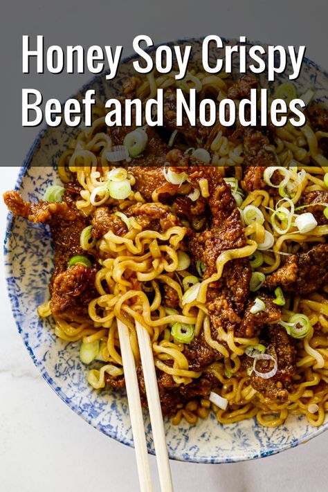 This recipe for beef and noodles is going to become a new family favorite, guaranteed. Crispy beef in a sweet honey soy sauce is the star of the show. Beef Soy Sauce Recipes, Recipes With Soy Sauce, Crispy Beef, Fillet Steak, Honey And Soy Sauce, Spicy Noodles, Honey Soy, Beef And Noodles, Sirloin Steaks