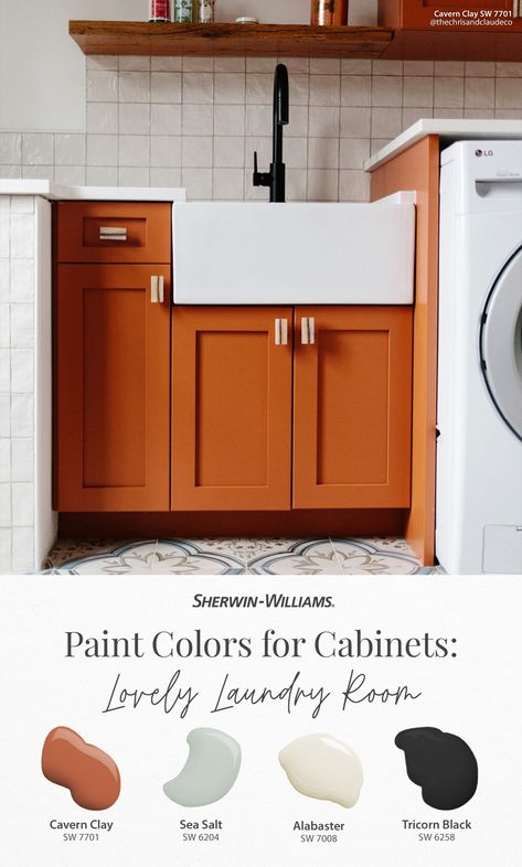 Give your laundry room cabinets a colorful makeover with this fun paint palette from Sherwin-Williams. Go bold with Cavern Clay SW 7701, or keep things neutral with Sea Salt SW 6204, Alabaster SW 7008, or Tricorn Black SW 6258. Love these hues? Tap this pin to order free color chips and have them delivered in the mail! Thanks for sharing your #SWColorLove, @thechrisandclaudeco (on Instagram). #sherwinwilliams #laundryroom #paint #colorinspiration #diy #interiordesign #decor Rust Orange Bathroom Vanity, Black Orange Kitchen, Laundry Room Terracotta, Burnt Orange Laundry Room, Rust Orange Kitchen Cabinets, Cavern Clay Kitchen Cabinets, Orange Cabinets Makeover, Orange Cabinets Bathroom, Orange Bathroom Cabinets