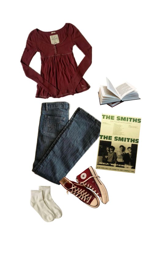 Outfits With Burgundy Converse, The Smiths Outfit Style, Downtown Clothes Aesthetic, Autumn Red Outfit, Outfits To Wear To A Musical, Lily Evans Inspired Outfits, Autumn Outfits Downtown Girl, Lorelai Gilmore Aesthetic Style, Downtown Girl Autumn Outfits