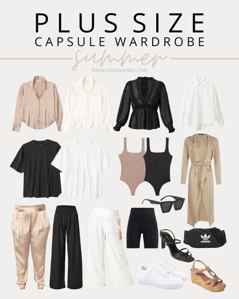 An easy plus size summer capsule wardrobe you can put together! Apple Shape Outfits Plus Size, Plus Size Minimalist Wardrobe, Travel Capsule Wardrobe Summer, Plus Size Capsule Wardrobe, Apple Shape Outfits, Holiday Capsule Wardrobe, Plus Size Summer Fashion, Holiday Outfits Summer, Spring Summer Capsule Wardrobe