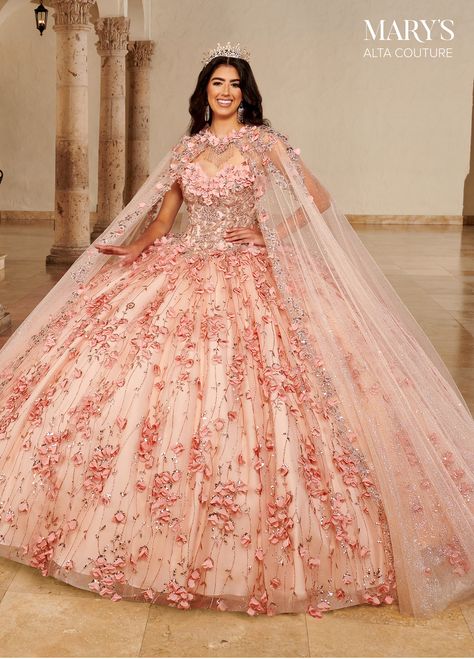 Quinceanera Couture Dresses | Alta Couture | Style - MQ3075 Red Charro Quinceanera Dress, Cape Dress Long, Charro Quinceanera Dresses, Rachel Allan Prom Dresses, Mary's Bridal, Long Cape, Full Tulle Skirt, Pretty Quinceanera Dresses, Quince Dress