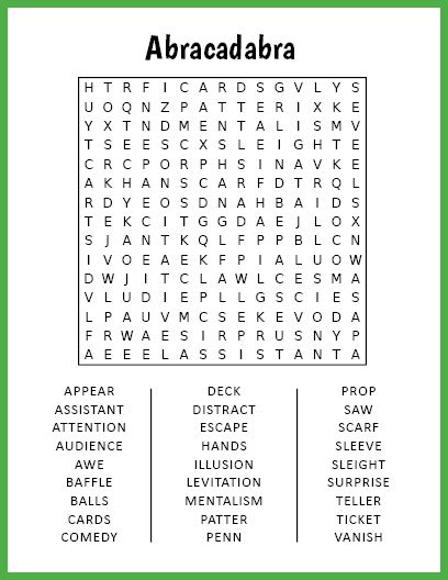 Free Printable Abracadabra Word Search Large Print Word Searches For Seniors Free Printable, Large Print Word Search, Puzzle Pictures, Saving Challenges, Number Puzzles, Word Search Puzzles, Magic Show, Word Searches, Word Puzzles