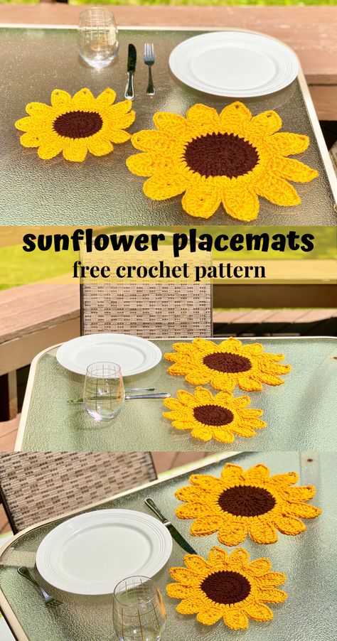 Sunflowers always look so happy! They’re the perfect touch to any decor for summer or fall – or any season if you just happen to love sunflowers! These sunflowers placemats are easy to make and are perfect on the dining room table or on the table on your deck or patio. What a fun way to make any meal just a little bit prettier! #sunflowerplacemats #crochetplacemats #crochetsunflower #tablesetting #patiodecor #crochethomedecor #tablesetting #crochetflower #sunflowercrochetpattern #videotutorial Sunflower Placemats, Kitchen Crochet, Crochet Sun, Crochet Placemat Patterns, Crochet Placemats, Crochet Flowers Free Pattern, Placemats Patterns, Crochet Sunflower, Crochet Kitchen