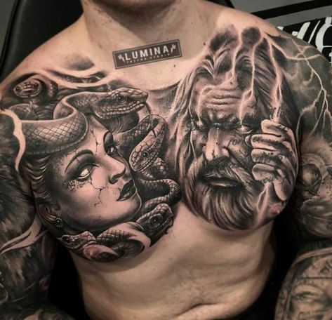 Chest Tattoo Drawings, Tattoo Font For Men, Full Chest Tattoos, Freedom Tattoos, Zeus Tattoo, Medusa Tattoo Design, Realistic Tattoo Sleeve, Greek Mythology Tattoos, Men Tattoos Arm Sleeve