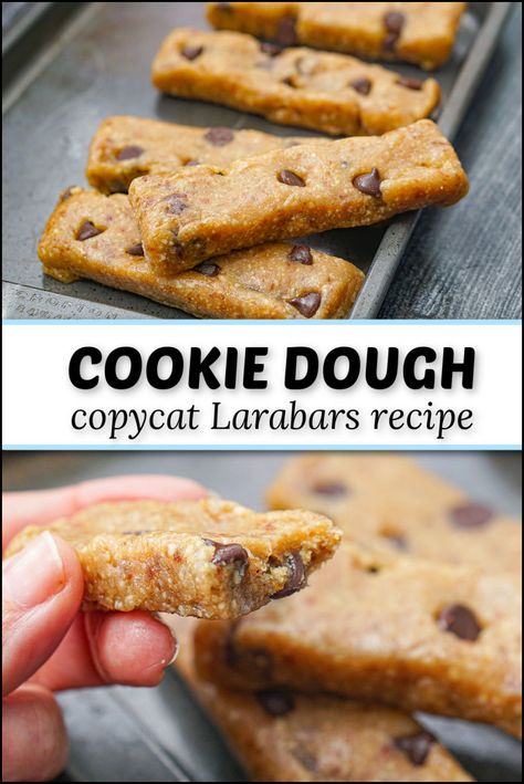 pan with healthy cookie dough Larabars recipe and text Cookie Dough Larabar Recipe, Copycat Larabar Recipe, Larabar Copycat Recipe, Homemade Larabar Recipes, Diy Lara Bars, Larabar Recipes, Homemade Lara Bars, Lara Bars Recipe, Postpartum Prep