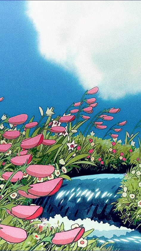 Howls Moving Castle Meadow, Howls Moving Castle Flowers, Howell Moving Castle Wallpaper, Howls Moving Castle Field, Howells Moving Castle Wallpaper, Howls Garden, Howl's Moving Castle Wallpaper, Anime Comfort, Ghibli Drawing