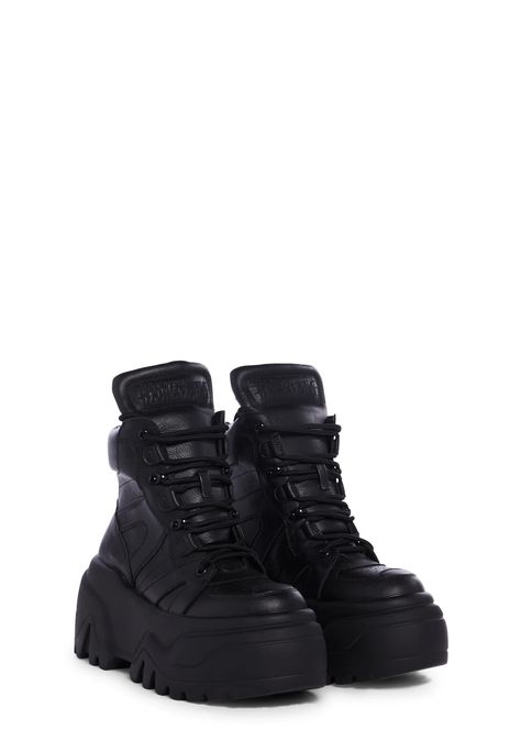 Black Rave Boots, All Black Accessories, Cool Black Sneakers, Front View Shoes, Black Aesthetic Shoes, Chunky Black Sneakers, Goth Sneakers, Goth Platforms, Platform Boots Black