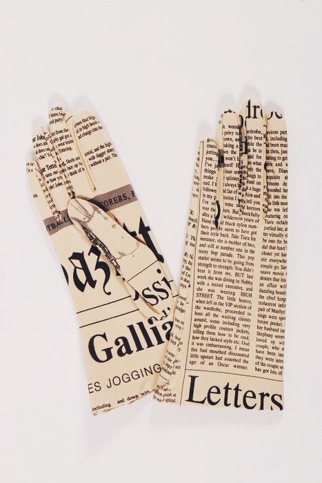 * John Galliano newspaper print leather gloves, 2001. Dior Newspaper, Guilded Glamour, John Galliano Newspaper, Galliano Newspaper, Newspaper Print, Newspaper Printing, John Galliano, Pin Backs, Leather Gloves