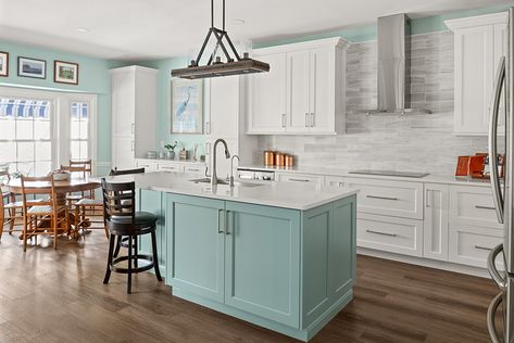 S-W-Mahler--10--2100x1402-ea8db08a-0df3-49c1-8289-d4d5eefca6f9 Sea Foam Kitchen, Blue Kitchen Islands, Kitchen Island Base, White Transitional Kitchen, Gorgeous White Kitchen, Beautiful White Kitchens, Blue Kitchen Island, Casual Kitchen, Kitchen Island Ideas