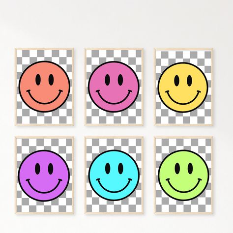 Set of 6 Wall Art, Smiley Face Checkered Printable, Multicolor Retro Smiley, Dorm Room Art, Playroom  Art, Office Art, Smiley Face Aesthetic ----Sizing- 8x10 Portrait If you need another size please message me! ----Instant Download: The files will be delivered electronically within minutes of your order. Additionally, you will receive an email (associated with your Etsy account) with a link for your download. ----Printing: Ways you can print your files - Print at home using good-quality paper. I Checkered Classroom Decor, Smiley Face Classroom Theme, Smiley Face Aesthetic, Smiley Art, Teacher Wallpaper, Dorm Room Art, Teacher Aesthetic, Art Playroom, First Day School