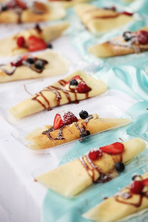 Crepes at wedding reception. Crepes Wedding Station, Crepe Bar Wedding, Crepe Station Wedding, Crepe Bar, Dessert Bar Wedding, Crepe Cakes, Mille Crepe, Reception Food, Detail Oriented