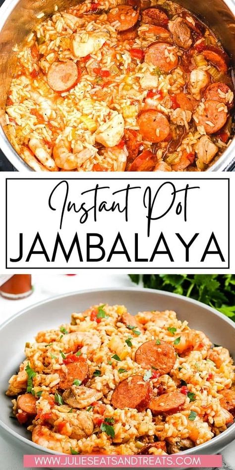 Mix up your dinner routine with this easy and delicious Instant Pot Jambalaya. Tons of flavor from the shrimp, Andouille sausage, onion, celery and seasonings. It's a quick weeknight meal that's cooked in one pot in the pressure cooker which means minimal clean up! Veggies Sauteed, Jumbolia Recipes, Easy Jambalaya Recipe, Jambalaya Recipe Instant Pot, Instant Pot Jambalaya, Easy Jambalaya, Homemade Jambalaya, Justin Wilson, Crockpot Express