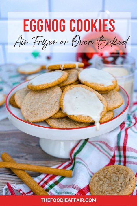 Eggnog cookies on a small white platter with a red rim. Egg Nog Cookies Recipe, Eggnog Glaze, Eggnog Cookies, Dessert Cookies, Holiday Cookie Recipes, Best Cookie Recipes, Cookie Exchange, Cookies Recipes Christmas, Cookies Recipe