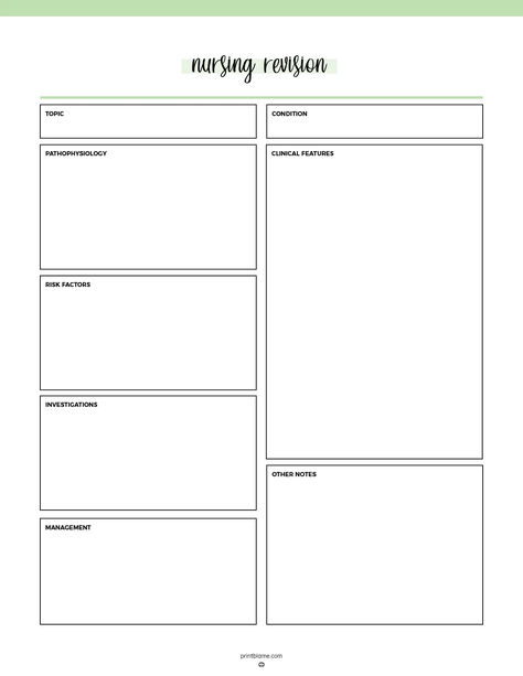 A nursing revision sheet with sections for topic, condition, pathophysiology, clinical features, risk factors, investigations, management, and notes. Nurse Practitioner Student Study Guides, Nursing Notes Template, Nursing Templates, Nurse Practitioner Student, Study Templates, Study Process, Nursing Motivation, Outline Template, Nurse Study