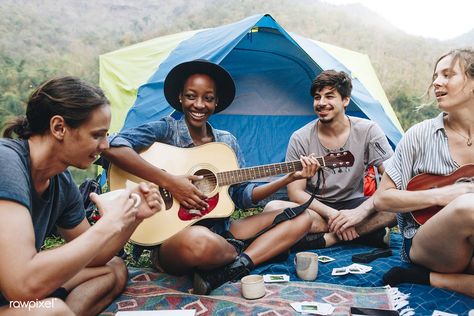 Group of young adult friends in camp site playing guitar and ukelele and singing together outdoors recreational leisure and friendship concept | premium image by rawpixel.com / McKinsey Singing Together, Music Photoshoot, Camp Site, Street Musician, Learn To Play Guitar, Cute Friend Photos, Adventure Photography, Ukelele, Group Of Friends