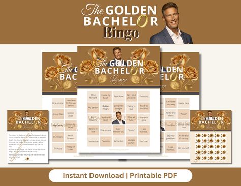 The Golden Bachelor Bingo | Season 1 | Gerry Turner Bingo | Season 1 Bingo | The Golden Bachelor | The Bachelorette | Bachelor Bingo | Party Game | Instant Download | Bachelor Nation | Bachelor Watch Party | The Bachelor Bingo | ABC Reality-TV | Bingo | The Bachelor | Printable | Bachelor Nation Games | The Bachelor Fantasy League | Bach Bracket The Golden Bachelor Bingo game is based on for first season which is airing during the fall of 2023.  These games are perfect for watch parties, no matt Golden Bachelor Watch Party Food, Golden Bachelor Watch Party, Bachelor Watch Party, Bachelor Fantasy League, Golden Bachelor, Bachelorette Bingo, Unique Playing Cards, Bingo Party, Fantasy League