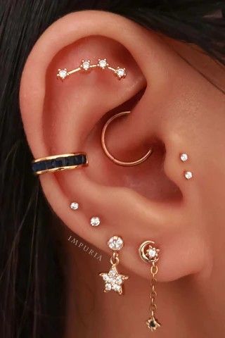 Curated Ear Piercing Ideas Simple, Full Ear Of Piercings, Earring Piercing Ideas, Silver Ear Stack, Full Ear Piercings, Different Ear Piercings, Ear Piercing Ideas, Ear Stack, Going Gray