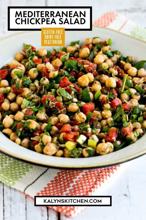 This tasty Mediterranean Chickpea Salad has roasted red pepper, mint, and Sumac, and this is so delicious! And if you haven't tried the middle eastern spice called Sumac, get some soon and make this tasty chickpea salad that's vegan and gluten-free! [found on kalynskitchen.com] #MediterraneanChickpeaSalad #ChickpeaSalad #ChickpeaSaladSumac Middle Eastern Chickpea Salad, Middle Eastern Chickpea Recipes, Chickpea Recipes Roasted, Mediterranean Recipes Healthy, Pepper Mint, Mediterranean Chickpea, Mediterranean Chickpea Salad, Summer Corn Salad, Pea Salad