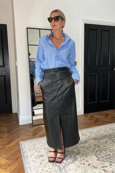 Navy Leather Skirt Outfit, Leather Aline Skirt Outfit, Leather Skirt Outfit Hijab, Leather Long Skirt Outfit, Leather Maxi Skirt Outfit, Leather Midi Skirt Outfit, Midi Pencil Skirt Outfit, Leather Skirt Summer, Button Shirt Outfit