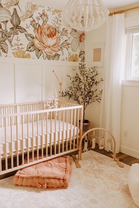 Peach Boho Nursery, Girly Nursery Ideas Boho, Half Wall With Wallpaper, Girly Nursery Ideas Floral, Whimsical Garden Nursery, Baby Girl Forest Nursery, Peach Nursery Girl, Peach Nursery Ideas, Nursery Ideas Rustic