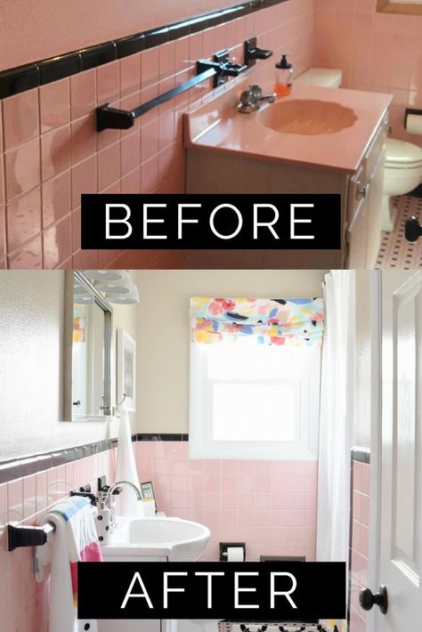 Most Popular DIY Remodel of 2018 Revealed | Restoring A Vintage Pink Tile Bathroom for Under $1,000! Vintage Pink Tile Bathroom, Affordable Decorating Ideas, Pink Tile Bathroom, Pink Bathroom Tiles, Pink Tile, Popular Diy, Retro Bathrooms, Home Design Diy, Pink Tiles