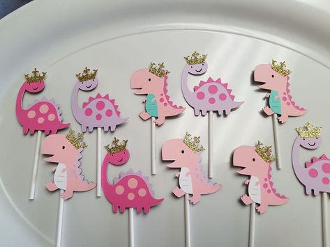 Threerex Birthday, Princess Dinosaur, Pink Dinosaur Party, 3rd Birthday Party For Girls, Girly Dinosaur, Dino Ranch, Dinosaur Cupcake, Girl Dinosaur Party, Dinosaur Cupcake Toppers