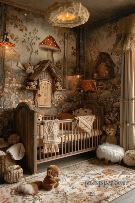 Woodland Nursery Ideas: Creating a Cozy Haven for Your Little One - Puqqu Fairytale Kids Room, Cottage Core Baby Room, Fairycore Nursery, Fairy Baby Room, Dark Academia Nursery, Witch Nursery, Hobbit Nursery, Ghibli Nursery, Vintage Woodland Nursery