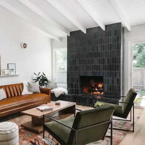 1970s Living Room, 1970s House, Modern Remodel, Tile Trends, Patio Flooring, Austin Homes, Black Tiles, Tv Unit Design, Interior Floor