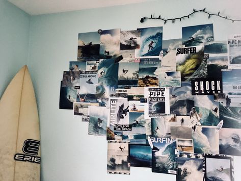 Surfer’s wall collage Surfer Room, Surf Room Decor, Beach House Room, Ocean Themed Bedroom, Beach Room Decor, Surf Room, Ocean Room, Beach Themed Bedroom, Beachy Room