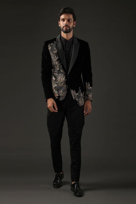 Shop for Rohit Bal Black Silk Velvet Embroidered Tuxedo for Men Online at Aza Fashions Embroidered Tuxedo, Anant Ambani, Wedding Kurta, Wedding Kurta For Men, Suit Embroidery, Resham Embroidery, Tuxedo Black, Rohit Bal, Cocktail Reception