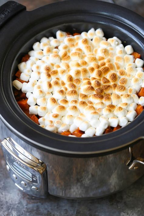 Slow Cooker Sweet Potato Casserole Slow Cooker Sweet Potato Casserole, Thanksgiving Crockpot Recipes, Crock Pot Sweet Potatoes, Marshmallow Topping, Sweet Potato Side Dish, Sweet Potato Sides, Slow Cooker Sweet Potatoes, Crockpot Casserole, Sweet Potato Recipes Casserole