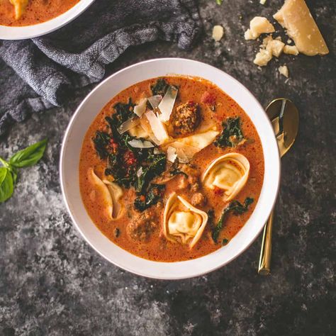 Creamy Tortellini Soup with Tomatoes and Kale {Slow Cooker, Instant Pot, Stovetop} Recipe Easy Weeknight Soup, Creamy Tortellini Soup With Sausage, Soup With Sausage And Kale, Tortellini Soup With Sausage, Weeknight Soup, Slow Cooker Corn Chowder, Hot Beef Sandwiches, Sausage And Kale, Creamy Tortellini