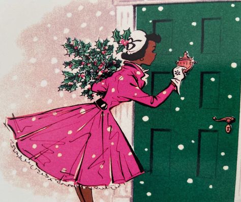 Vintage Christmas Card, African American Woman Knocking on Door, Holiday , Retro, Winter , Fifties , Black , Gift, Fashion Dress, Sister Card printed on pearly white cardboard. The card is blank inside for your own personal message. Print of one of my original vintage greeting cards collection. Design and artwork by Martine Lauzon. Each card folded measures 15,6 X 10,7 cm (approx 6 1/4 X 4 1/4 inches). The card is beautifully packaged in a clear cellophane bag. Color paper envelope (please select envelope color) and protective cellophane bag included. All rights reserved © 2023 Martine Lauzon Made locally in Quebec, Canada Knocking On Door, Vintage Holiday Cards, Greeting Card Collection, Vintage Christmas Card, Old Christmas, Images Vintage, American Woman, Vintage Christmas Cards, Vintage Greeting Cards