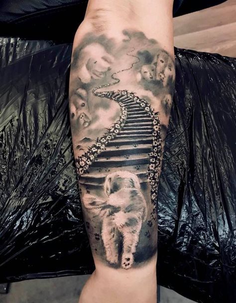 Dog Tattoo Sleeve Ideas, Tribute To Dog Tattoo, Tattoo In Memory Of Dogs, Dog Memory Tattoo Ideas, Heaven Dog Tattoo, Tattoo Of Dog Memory, Memory Dog Tattoos, Dog In Heaven Tattoo, In Memory Dog Tattoo