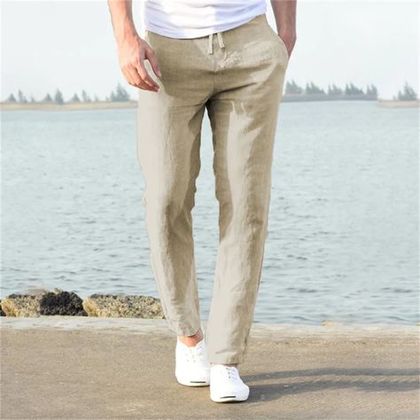 Mens Beach Pants, Streetwear Pants, Linen Men, Cotton Linen Pants, Solid Color Pants, Mens Pants Fashion, Beach Pants, Linen Trousers, Mens Pants Casual