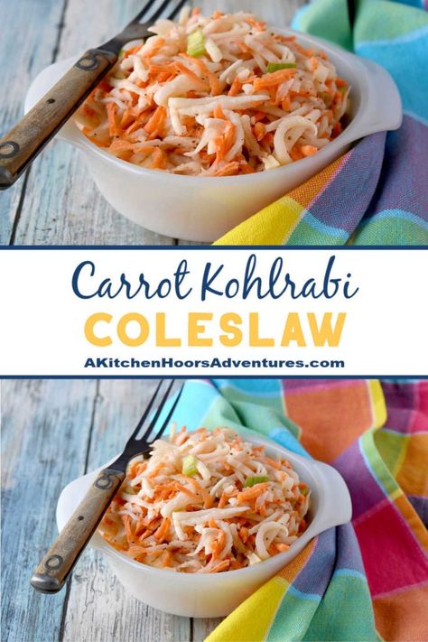 Kohlrabi Slaw Recipes, Atkins Salads, Kohlrabi Salad, Kohlrabi Slaw, Kohlrabi Recipes, Classic Picnic, Chou Rave, Carrot Slaw, Csa Recipes