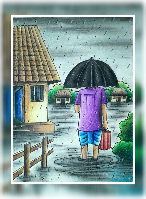 Jain Cultural & Educational Centre Lady Rangoli, Pastel Scenery Drawing, Scenery Drawing Pencil, Rain Drawing, Rainy Day Drawing, Beautiful Scenery Drawing, Super Easy Drawings, Scenery Drawing For Kids, Easy Scenery Drawing